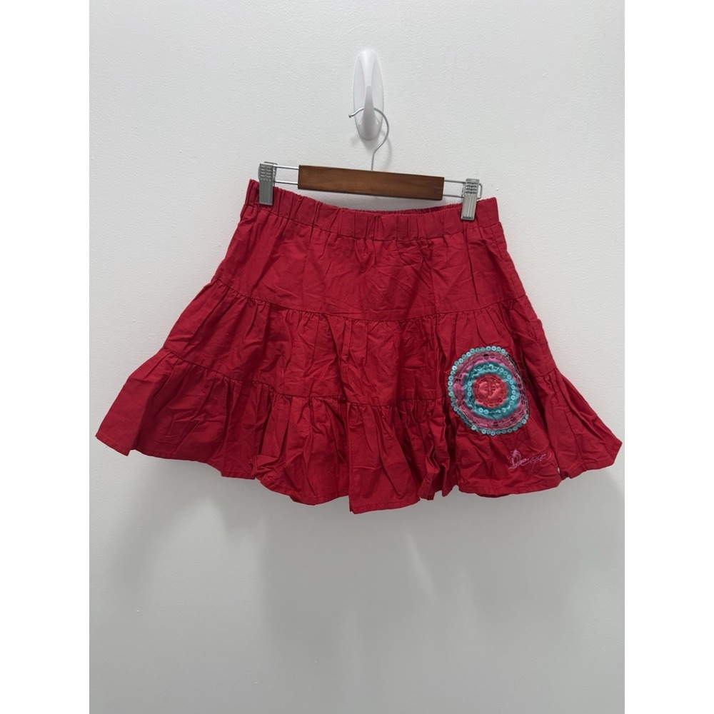 Desigual Red Tiered Mini Skirt Size 11/12 KGirls Boho Sequin Patch Cotton NWT